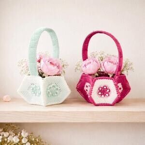 Vintage Handmade Plastic Canvas Mini Baskets Set of 2 | 80s Yarn Wrapped Easter